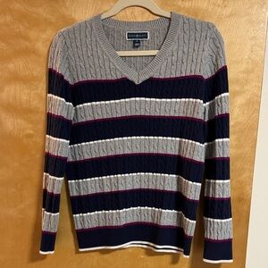 Karen Scott V-Neck Sweater with Navy, Gray, and Red Stripes